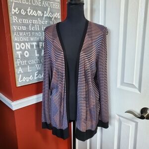 Ann Taylor LOFT Cardigan Womens Size L Blk, Pink & Blue Stripe- Diamond Design‎